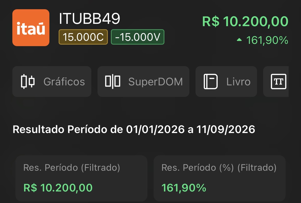 Posição ITUBB49 com resultado de R$10.200,00 e 161,90% no período